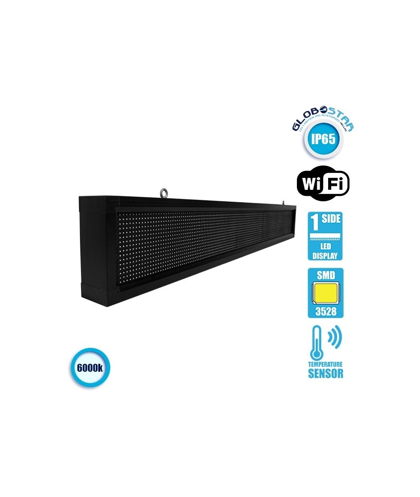 GLOBOSTAR® DISPLAY 90260 Κυλιόμενη Ψηφιακή Επιγραφή P10 Μονής Όψης LED AC 220-240V Αδιάβροχο IP54 Ψυχρό Λευκό 6000K - WiFi Control μέσω FK APP - Αισθητήρας Θερμοκρασίας & Υγρασίας - Μ168 x Π9 x Υ24cm - 2 Χρόνια Εγγύηση